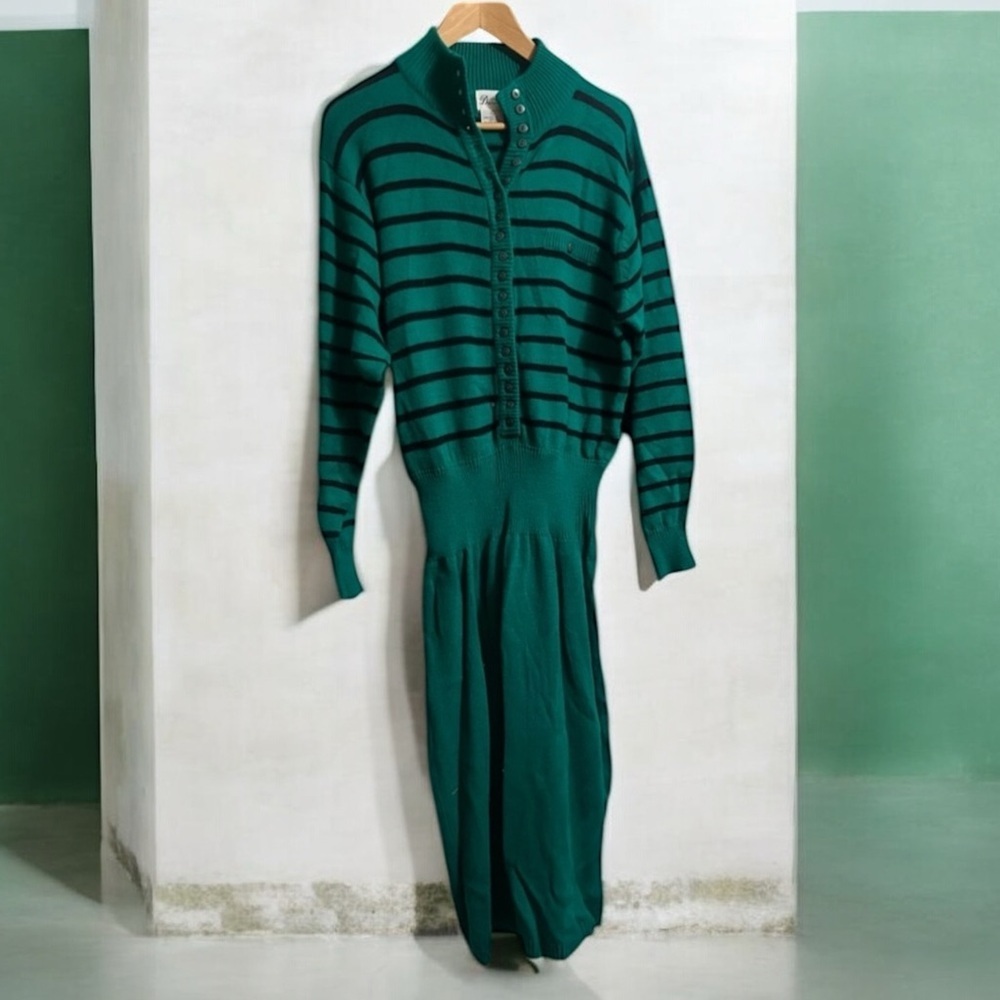 Vintage Darian Teal Strip Knit Dress Button Front Sz L Men